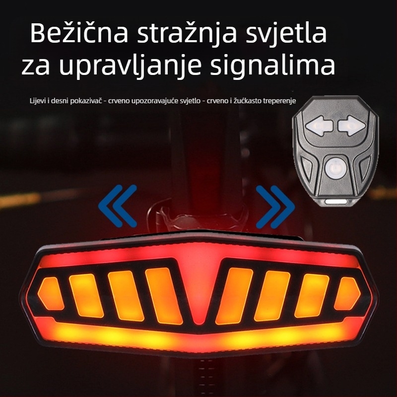 Biciklistična stražnja svjetiljka s daljinskim upravljanjem, visoko jasna LED, signalizacija kočenja/okretanja, USB-C punjenje, baterija 600–900 mAh