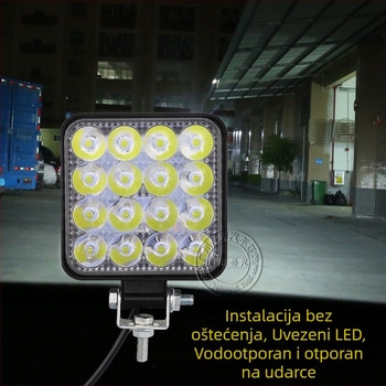 Automobilska LED radna svjetiljka, 48W, kvadratna, 16 LED, aluminijsko kućište, 12-24V, za off-road i kamione