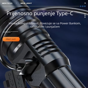 Prijenosna ručna LED svjetiljka: ultrajaka svjetlost i dugačak domet, LED 15W, 3,7V, ugrađena 18650 baterija, domet 200–500 m