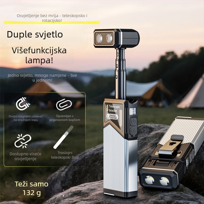 LED magnetsko radno svjetlo s teleskopskim šipkom, 180° okret, 10W, 1200mAh, napajanje putem punjenja, za kampiranje i inspekcije