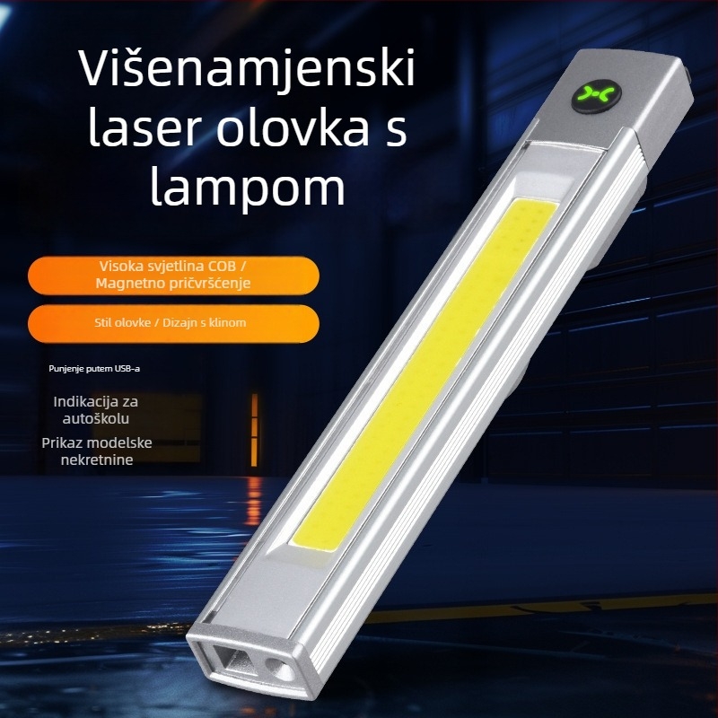 COB LED radna svjetiljka s USB punjenjem, magnetska kopča za olovku i višenamjenski laserski pokazivač (5W)