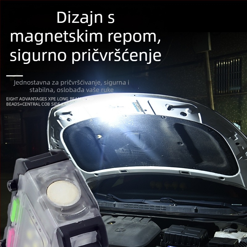 Višenamjenska prijenosna magnetska svjetiljka za popravke s treperavim upozorenjem, kompaktna LED svjetiljka za vanjske nužne situacije; 5W LED • 400 mAh baterija • 360° rotacija • ručni pogon • uključuje punjač