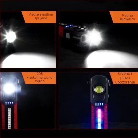 10W LED hitna svjetiljka s 1200mAh litij-ionska baterija; višenamjenska: sigurnosni čekić i razbijač prozora; crveno-plavo SOS svjetlo; vanjska potraga i kampiranje, domet 200-500 m