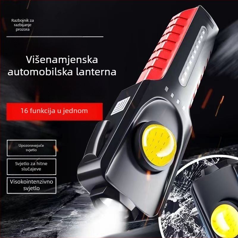 10W LED hitna svjetiljka s 1200mAh litij-ionska baterija; višenamjenska: sigurnosni čekić i razbijač prozora; crveno-plavo SOS svjetlo; vanjska potraga i kampiranje, domet 200-500 m
