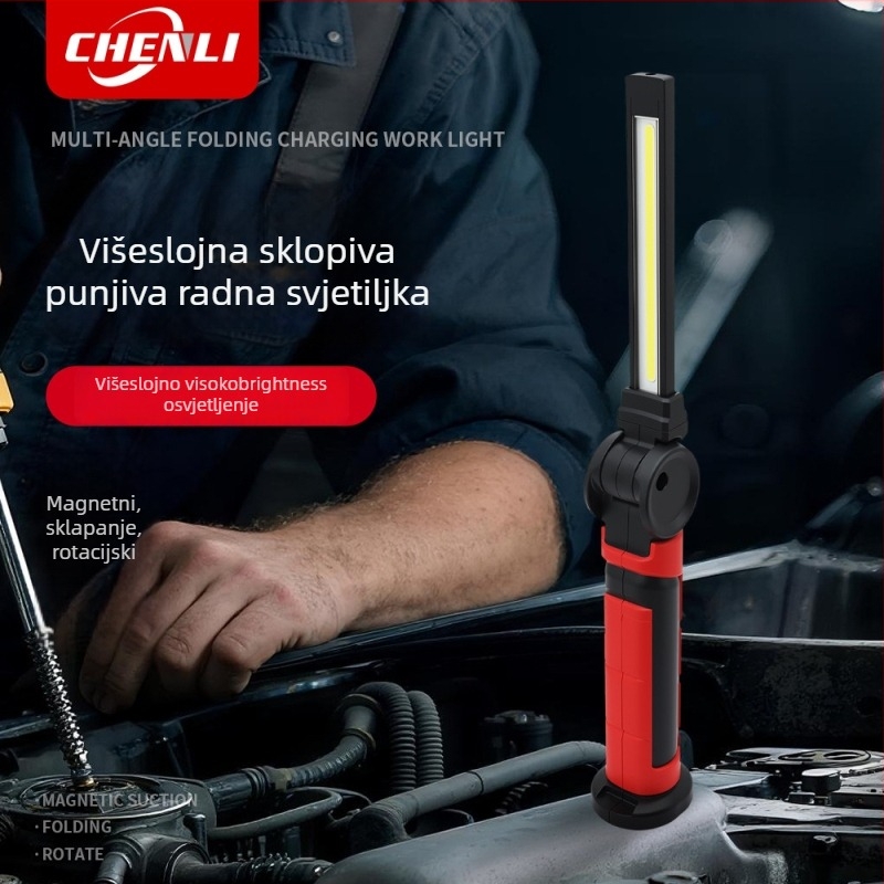 Ručna sklopiva radna svjetiljka s COB LED, okretna glava, magnetna baza, podesiva jačina svjetla, 3,7 V