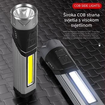 Laterna s dvostrukim COB izvorom svjetla – višestruki servisni model, 360° okretanje, ručno napajanje, kapacitet baterije 1500 mAh, snaga 5 W