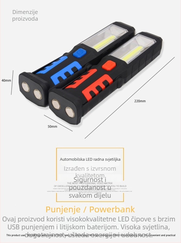 Mu Ning LED radna svjetiljka za auto popravke s magnetom, punjiva baterija 1200/2400 mAh, 3W, 360° rotacija