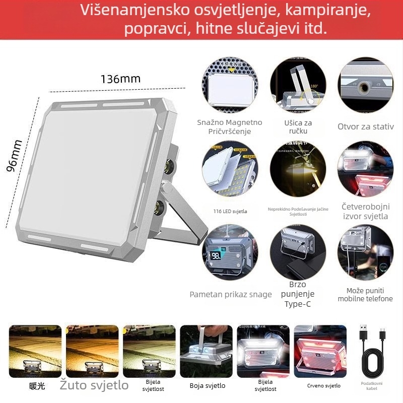 Snažna magnetska vanjska radna svjetiljka s punjivim LED-om, 50W, za popravke automobila i nužno osvjetljenje