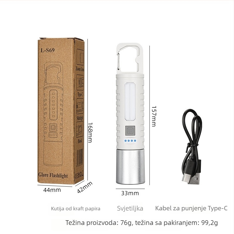 LED svjetiljka s dvostrukim izvorom svjetla i bočnim svjetlom, višenamjenska, 10W, baterija 800mAh, USB punjenje, domet zrake 200–500 m
