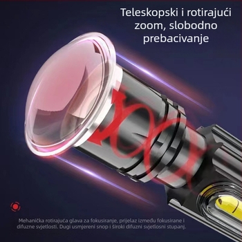 Aluminijska LED svjetiljka s teleskopskim zumom, USB punjenje, magnetsko radno svjetlo, LED+COB, 10W, domet 200-500 m
