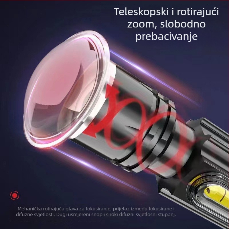 Aluminijska LED svjetiljka s teleskopskim zumom, USB punjenje, magnetsko radno svjetlo, LED+COB, 10W, domet 200-500 m