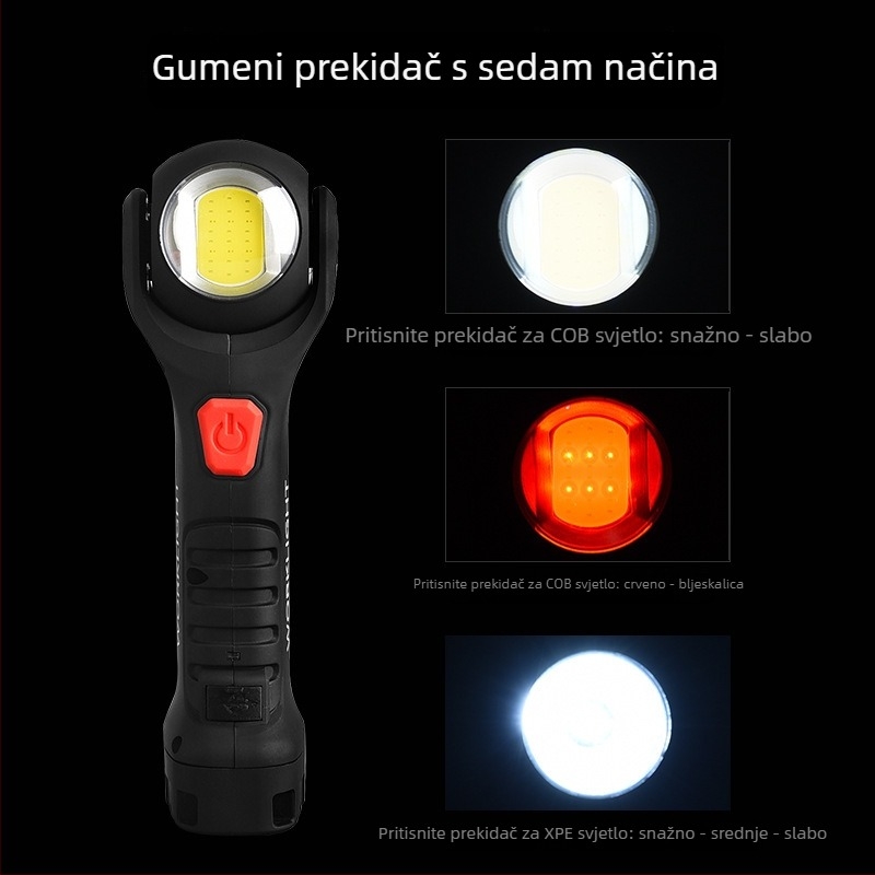 USB punjiva COB radna svjetiljka, 10W, snažno magnetsko pričvršćivanje, 360° rotacija, okrugla glava s dvostrukim LED-ima.