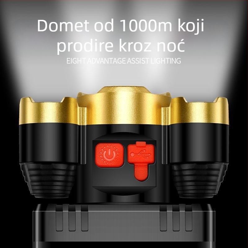 5-LED čelna lampica za vanjsku upotrebu, dugačak domet, USB punjiva, 10W LED, baterija 800mAh