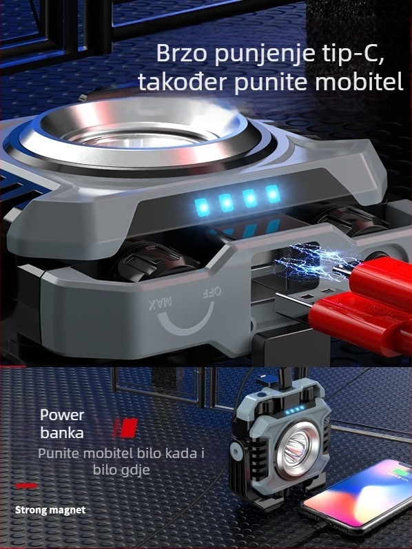 Magnetska LED Radna Svjetiljka — Punjiva, 3,7V, 10W, Gumbasti Prekidač, Prijenosna za Auto Popravke