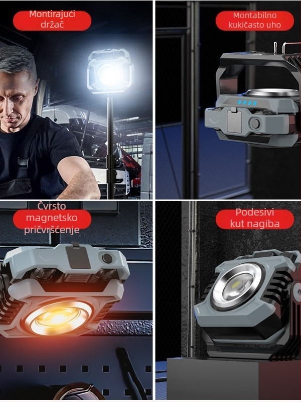 Magnetska LED Radna Svjetiljka — Punjiva, 3,7V, 10W, Gumbasti Prekidač, Prijenosna za Auto Popravke
