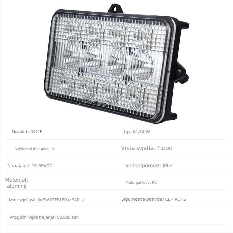 LED radna svjetiljka za poljoprivredu od aluminijske legure, model SL-5061F, 4800 lm, 10-30 VDC, za John Deere kombajne 9400–9510 i 95
