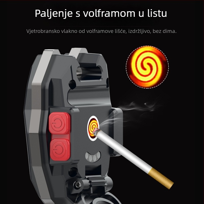LED svjetiljka na ključevima s integriranim upaljačem – kompaktno kampersko/auto radno svjetlo, punjenje USB, 3V, 5W, ručni prekidač