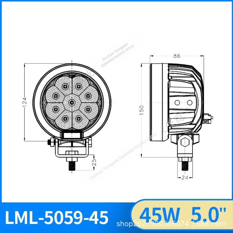 LED radno svjetlo za mehaničke strojeve, 45W, 9–30V, kućište od aluminijske legure, 6000K, vijek od 30 000 sati