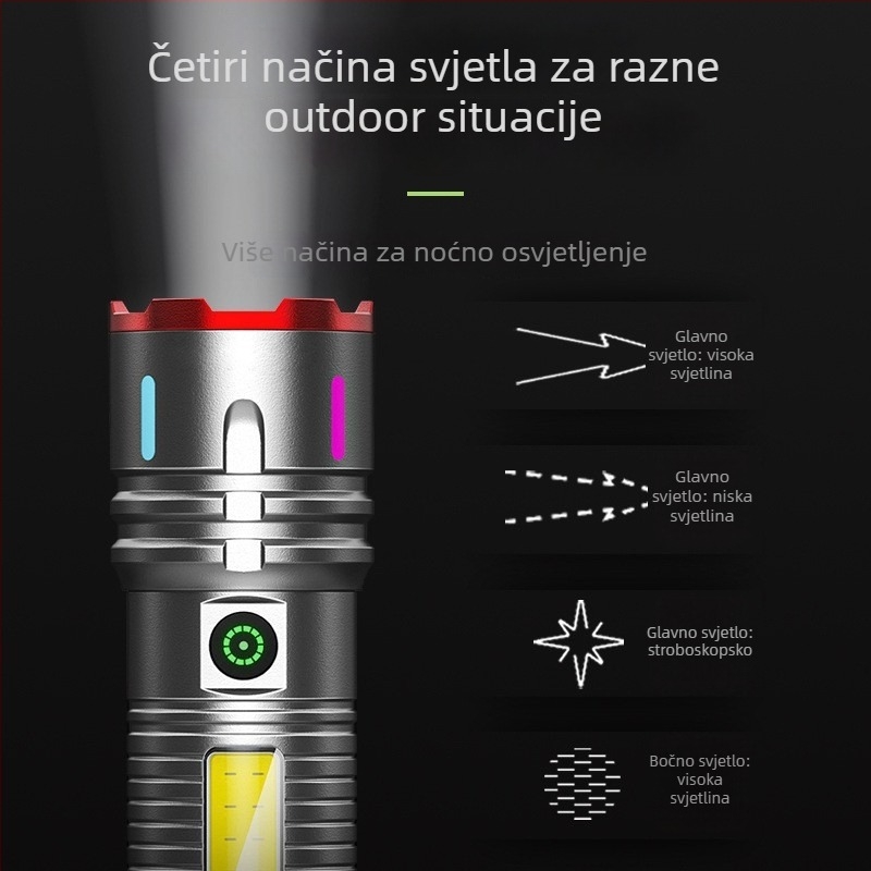 Prijenosna baterijska svjetiljka s bijelim laserom, 20W, 3600mAh, domet 200–500 m, trajanje baterije 4–6 h