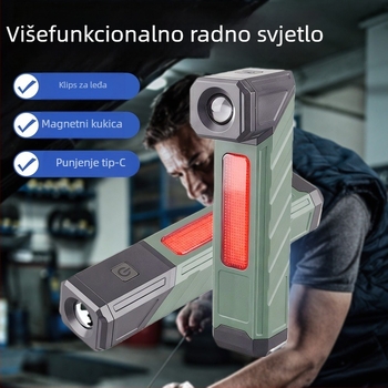 Višefunkcijska COB rotirajuća radna svjetiljka (na punjenje, LED, 350+ lm, 1200 mAh baterija, magnetska baza, kopča za kapu, domet 100–200 m)