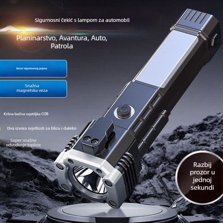Automobilski sigurnosni čekić LED svjetiljka s magnetskom bočnom rasvjetom, ručni pogon, višenamjensko noćno osvjetljenje, 1200 mAh, 5 W, domet 100–200 m