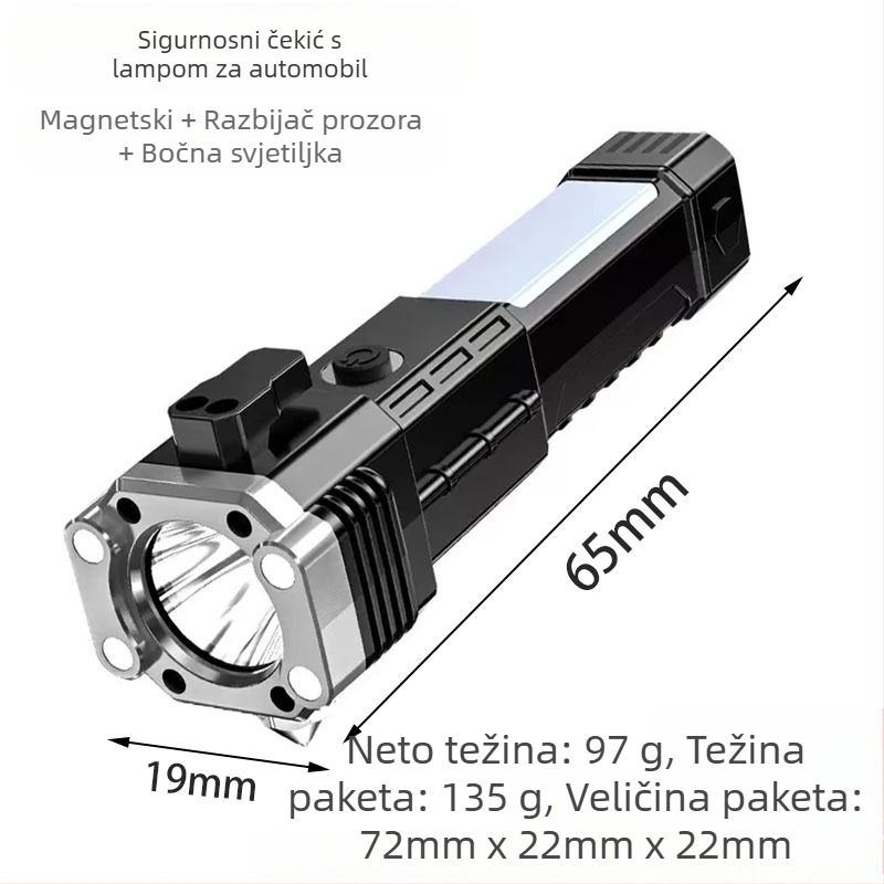 Automobilski sigurnosni čekić LED svjetiljka s magnetskom bočnom rasvjetom, ručni pogon, višenamjensko noćno osvjetljenje, 1200 mAh, 5 W, domet 100–200 m