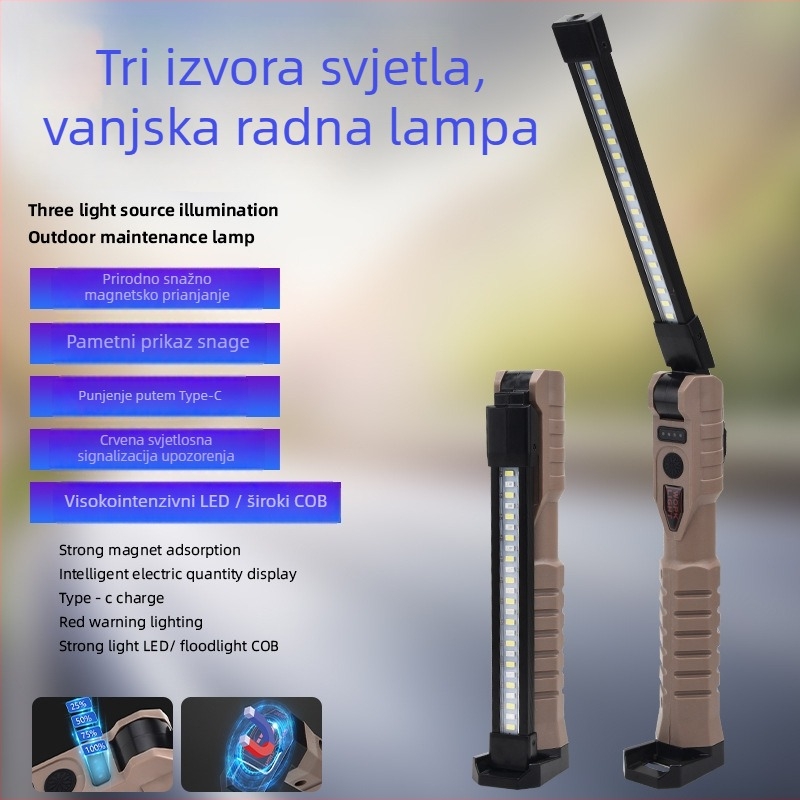 Magnetna COB svjetiljka za popravak automobila, USB punjenje, sklopna LED svjetiljka, 20W, 2000mAh