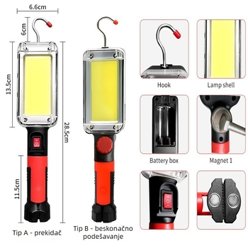 LED radna lampica s jakim magnetskim kukom i neprekidnom regulacijom jačine svjetla, prijenosna za dom i vanjsku upotrebu, s ugrađenom Li-ion baterijom, 20W LED