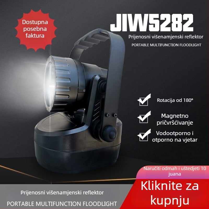 Prijenosna LED svjetiljka sa spotom i širokim osvjetljenjem, ručni dinamo napajanje, baterija, 12W LED, magnetsko pričvršćivanje, uključeni punjač, domet 200–500 m
