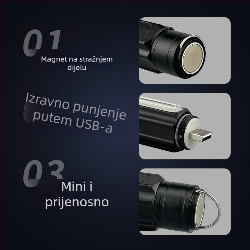 Napajana LED radna svjetiljka s jakim magnetom za popravke automobila, 360° rotacija, kućište od aluminijskog legura, baterija 1200mAh, snaga 10W, doseg 100–200 m