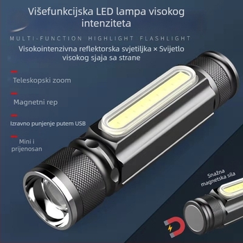 Punjava LED baterijsku lampu 10W, aluminijsko kućište, 1200mAh, USB punjenje, zum snopa, 360° rotirajuća glava