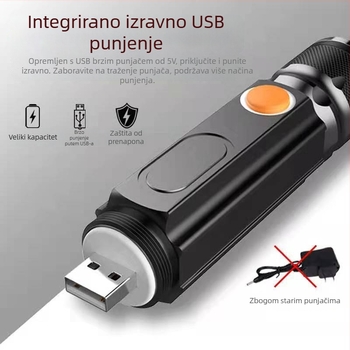 Punjava LED baterijsku lampu 10W, aluminijsko kućište, 1200mAh, USB punjenje, zum snopa, 360° rotirajuća glava