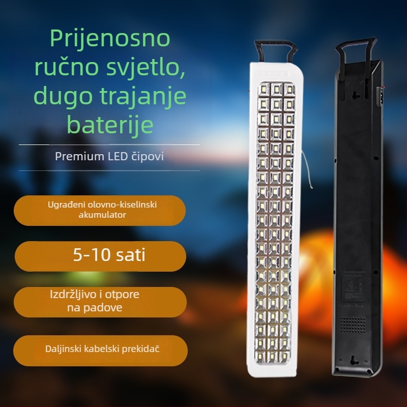 LED kamp lamp s punjivom olovno-kiselinskom baterijom 3200 mAh, zidni nosač, snaga 3/5/8 W, nužno vrijeme rada 5–10 sati