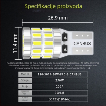 T10 LED svjetlo za poziciju automobila 3014-30SMD, svjetlo registarske pločice, unutarnje svjetlo na krovu, 12-24V, 6000-7000K, 300 lm, CANBUS-kompatibilno