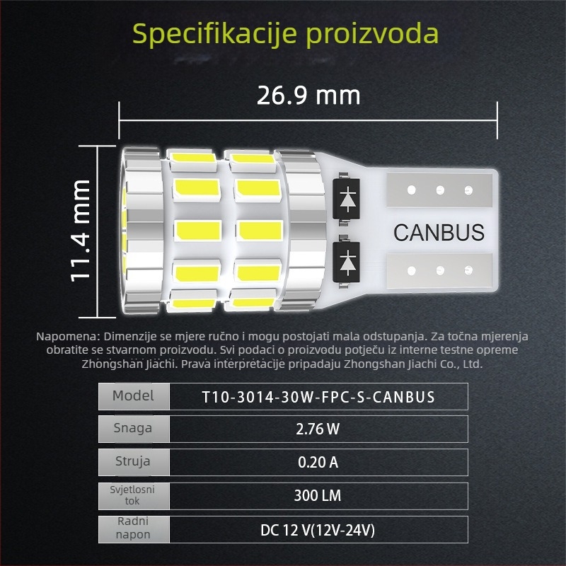 T10 LED svjetlo za poziciju automobila 3014-30SMD, svjetlo registarske pločice, unutarnje svjetlo na krovu, 12-24V, 6000-7000K, 300 lm, CANBUS-kompatibilno
