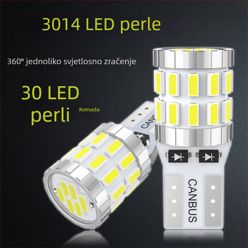 T10 LED svjetlo za poziciju automobila 3014-30SMD, svjetlo registarske pločice, unutarnje svjetlo na krovu, 12-24V, 6000-7000K, 300 lm, CANBUS-kompatibilno