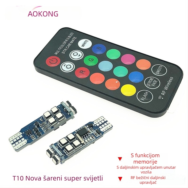 T10 RGB LED svjetlo za registarsku pločicu s RF daljinskim upravljačem, 12V, 3W, 250 lm, 6500K, univerzalna kompatibilnost