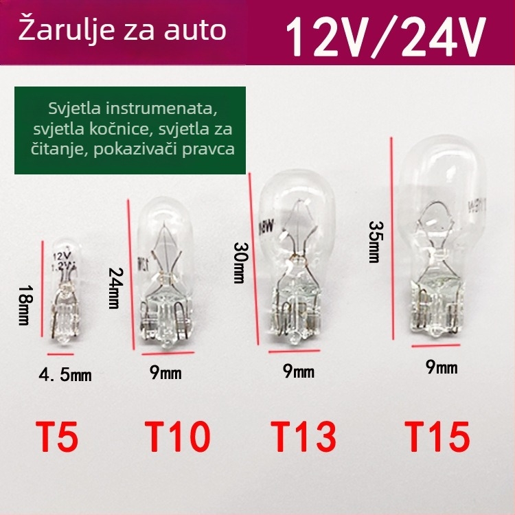 Automobilska instrumentna svjetiljka T5 – 12V, opće namjene, ugrađena žarulja za instrument ploču, kočnice i pokazivač smjera