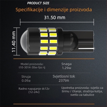 Svjetlo za registarsku pločicu automobila, baza T10, 3014SMD LED, 12–24V DC, 237 lm, s lećom