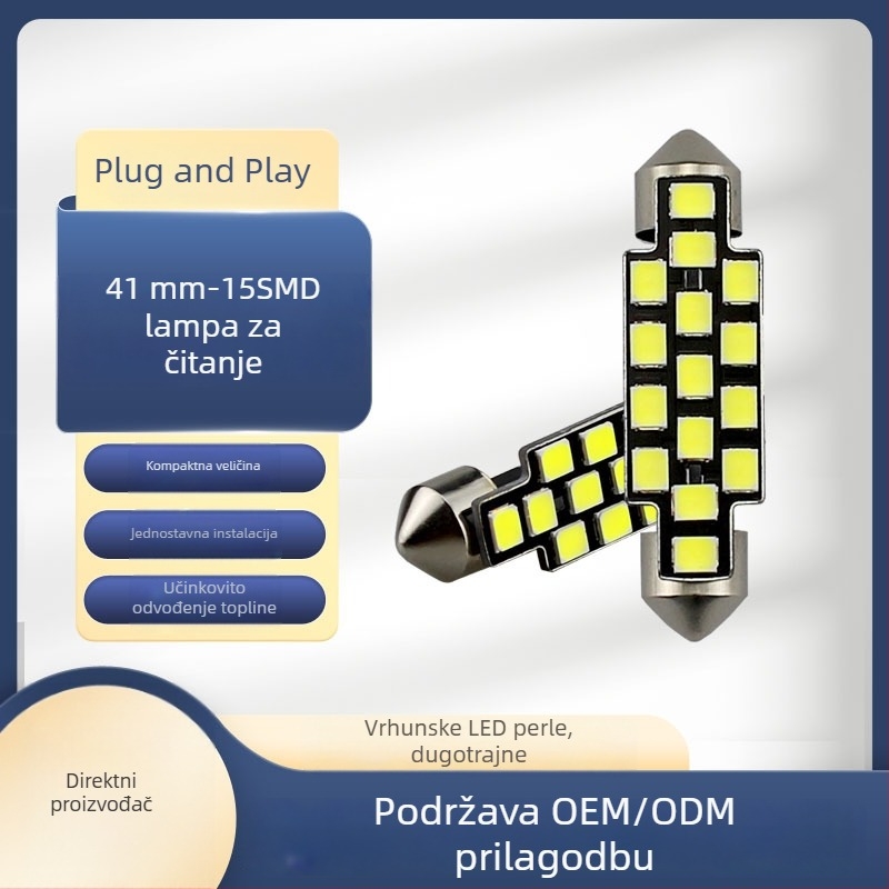 41 mm dvostruka svjetla za registarsku pločicu, svjetlo za širinu i svjetlo za čitanje, 12V–24V, T10X41-15SMD
