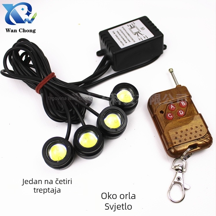 Automobilska LED Eagle Eye dnevna svjetla, bežični daljinski upravljač, Burst Flash 1–4, svjetlo za vožnju unazad, 12V, 12W, aluminijska legura, LED T10