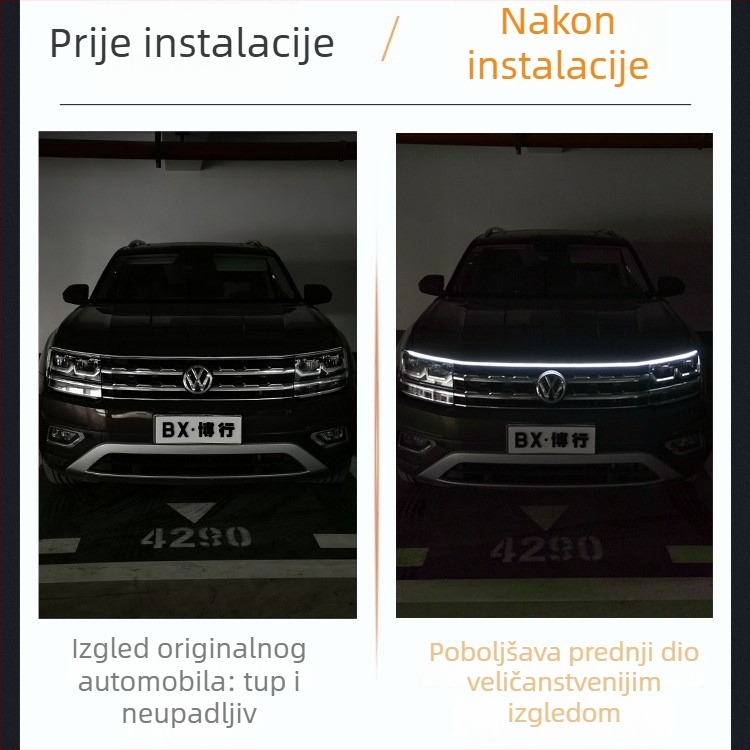 DRL za grilom, univerzalno LED osvjetljenje poklopca motora s dekorativnim svjetlosnim vodilom, vanjski dio automobila