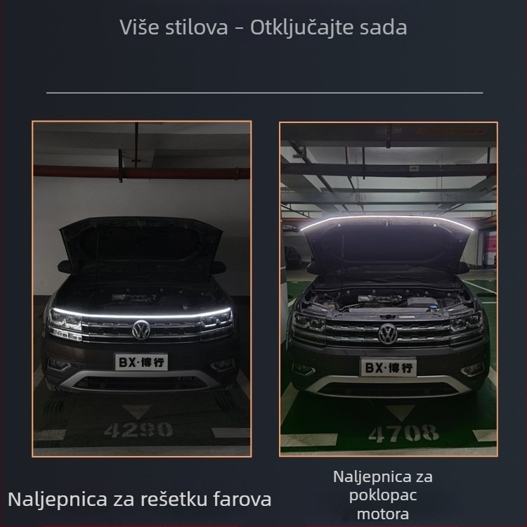 DRL za grilom, univerzalno LED osvjetljenje poklopca motora s dekorativnim svjetlosnim vodilom, vanjski dio automobila
