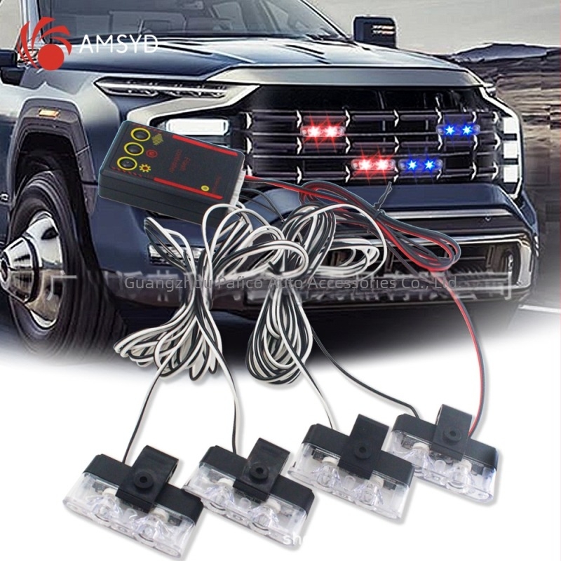 12V bežični daljinski upravljač auto strob svjetlo, četiri 2-LED modula crveno-plavo, za ugradnju na rešetku hladnjaka