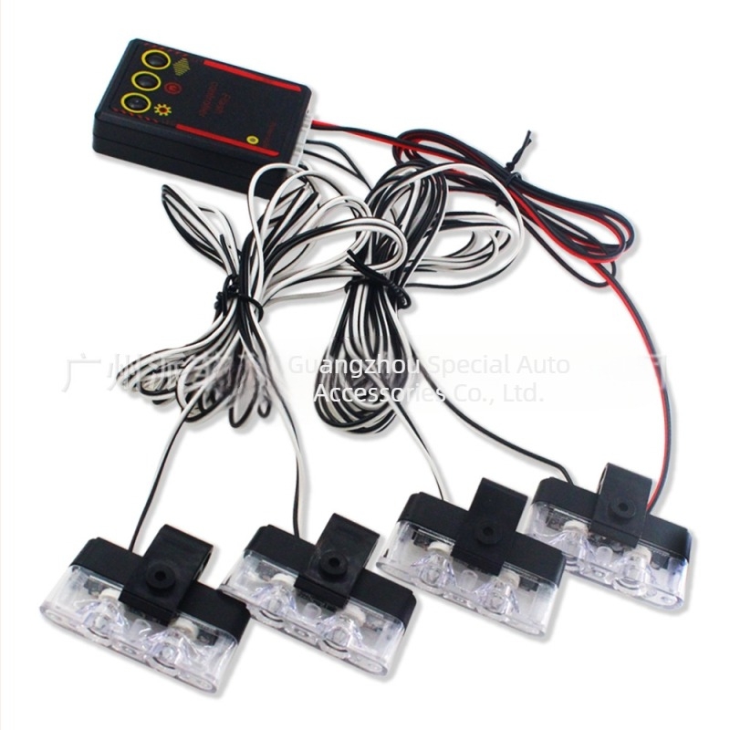 12V bežični daljinski upravljač auto strob svjetlo, četiri 2-LED modula crveno-plavo, za ugradnju na rešetku hladnjaka