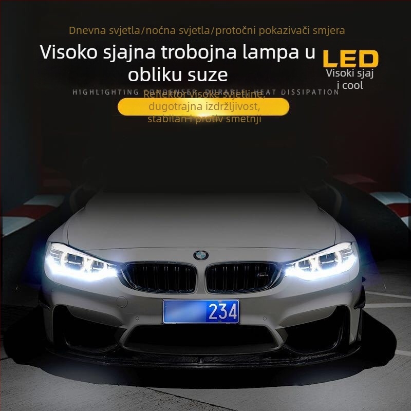 LED dnevna svjetla za automobil s kristalnim suznim okom, teleskopskim dizajnom, dvobojnim i trobojnom efektom vodnog toka i signalizacijom skretanja (bijela, plava, žuta)