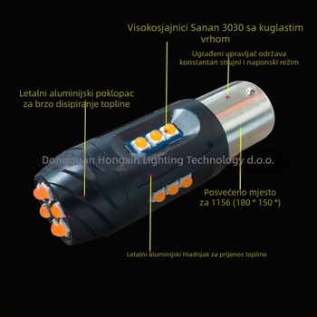 LED automobilni pokazivač smjera 1156 (T20/7440) s dekodiranjem i zaštitom od treperenja, kućište od avionskog aluminija, 10-30V, 1.5-2A, 24W, 2000 lm, IP68