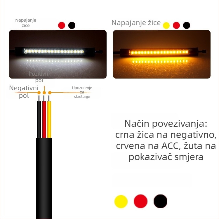 ZD-65 LED svjetlosni pojas za motocikl i električno vozilo – dvobojni indikator s tekućim svjetlima; Model ZD-65, 12V, 1W, 3000–6000K, vijek trajanja 30.000 sati