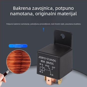 Automobilsko rele s plastičnim kućištem, 12V, 80A, JD2912, kompaktne dimenzije, visok protok struje