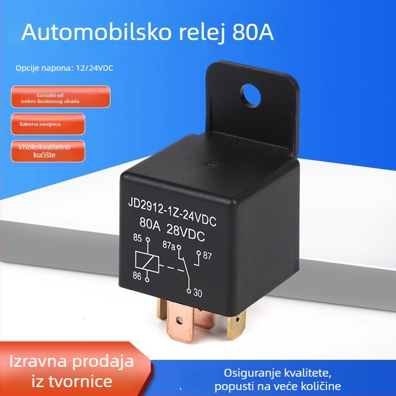 Automobilsko rele s plastičnim kućištem, 12V, 80A, JD2912, kompaktne dimenzije, visok protok struje